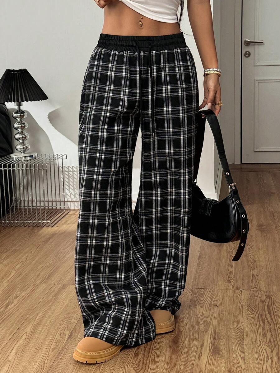 Damen weite Karohose mit elastischem Bund und seitlichen Taschen EB