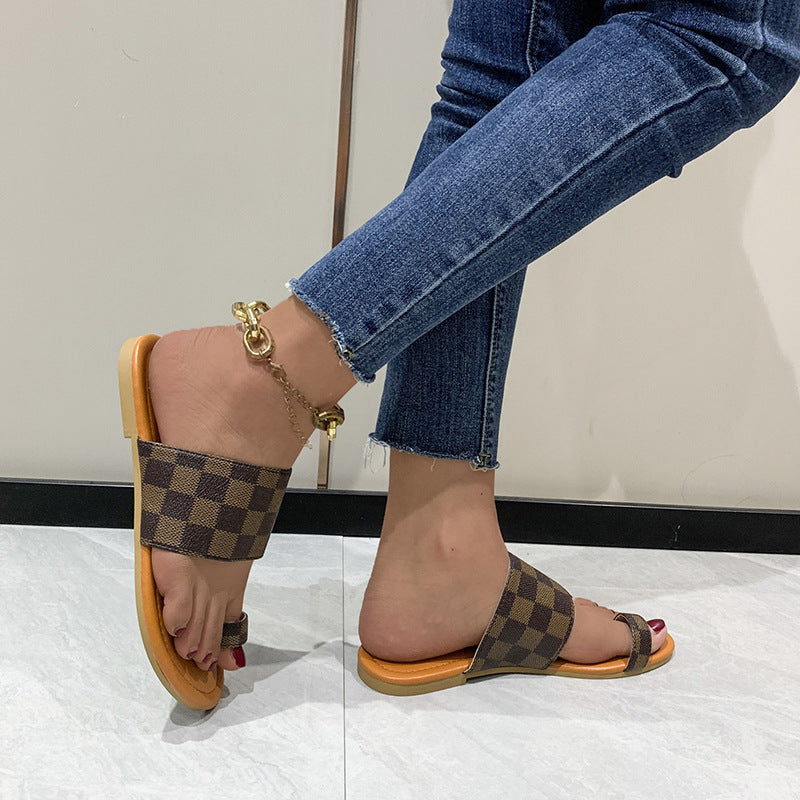 Damen modische Slide-Sandalen mit karierter Riemenstruktur EB