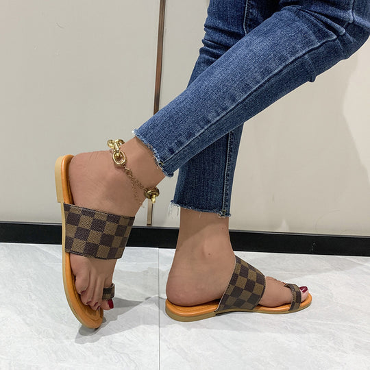 Damen modische Slide-Sandalen mit karierter Riemenstruktur EB