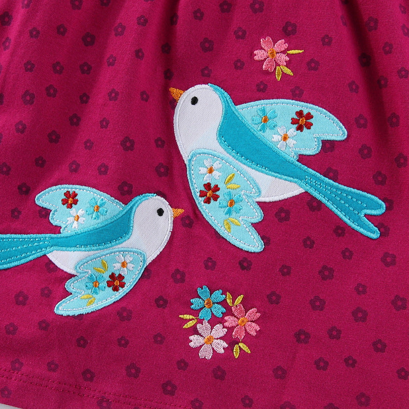 Mädchen Baumwollkleid mit süßen Vogel- und Blumenstickereien EB