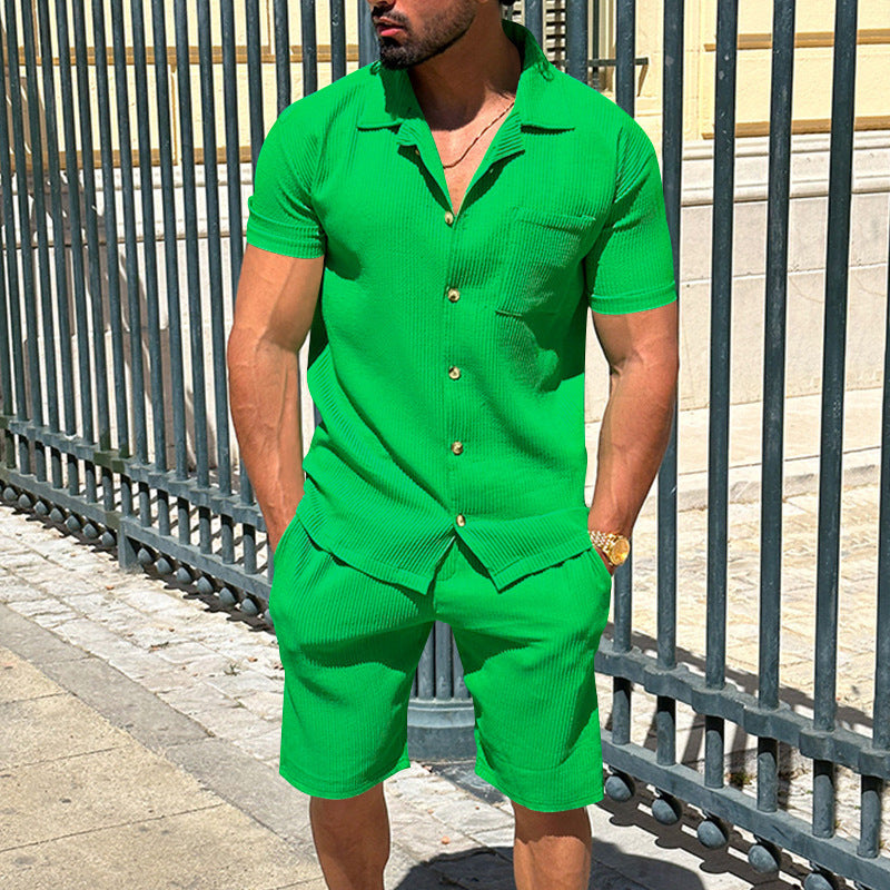 Herren nan lässiges zweiteiliges Freizeitset aus geripptem Jersey mit Hemdkragen Knopfleiste und Shorts EB