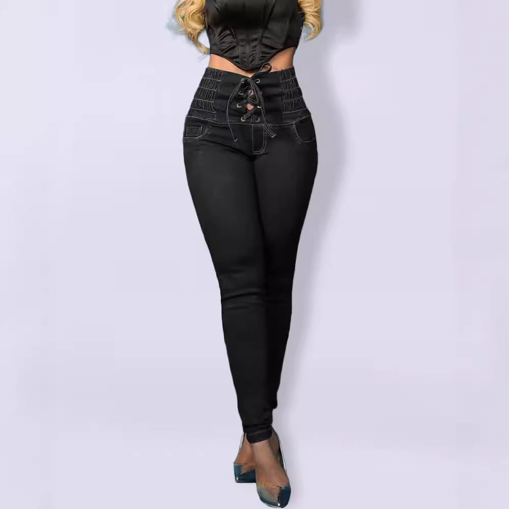 Damen Hochtaillierte Jeggings mit Schnürung EB