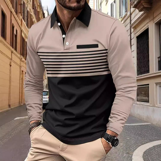 Herren nan langärmliges Poloshirt mit kontrastierendem Hemdkragen, dezenter Brustpaspel und feinem Streifenrelief EB