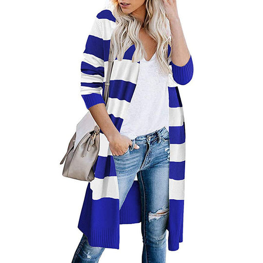 Damen Langer Strickcardigan mit gestreiftem Design EB