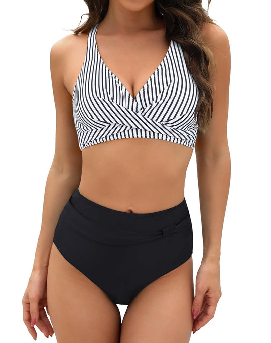 Damen Sportliches Bikini-Set mit stylischem Wickeloberteil und hochgeschnittenem Slip EB