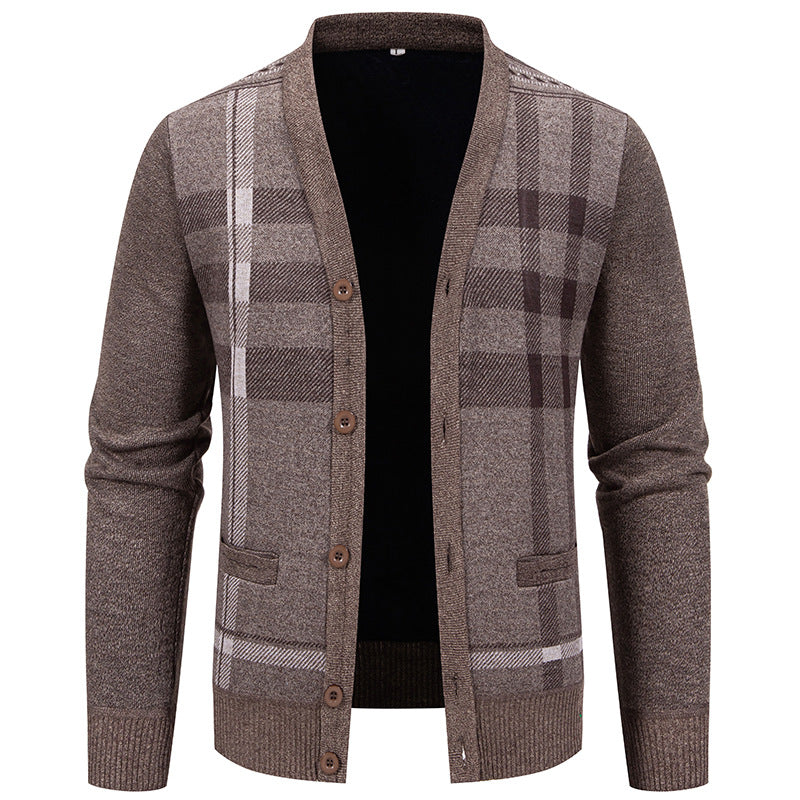 Herren stilvolle Strickjacke mit modernem Karomuster und praktischen Taschen EB