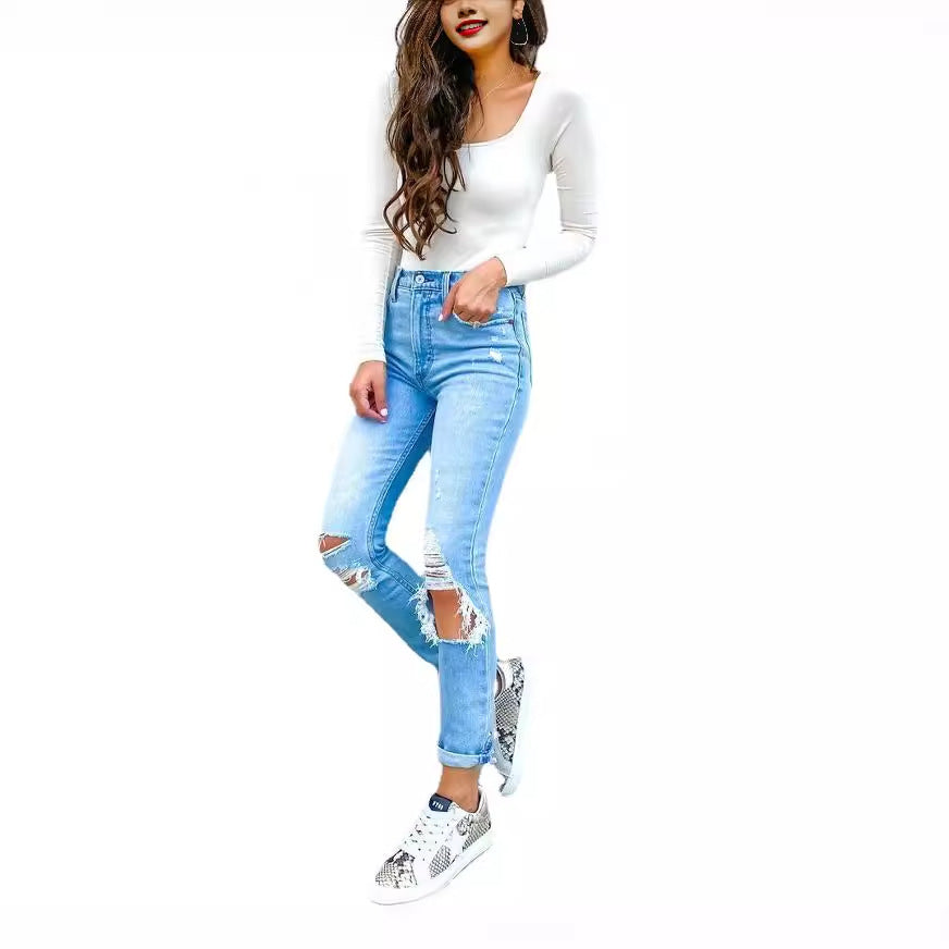 Damen Ripped Jeans mit lässigem Schnitt und hohem Bund EB