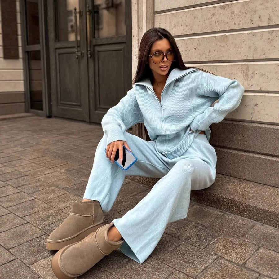 Damen Feinstrick-Loungewear-Set mit Zwei-Wege-Reißverschluss und weitem Umlegekragen EB