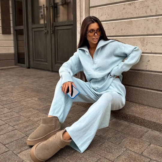 Damen Feinstrick-Loungewear-Set mit Zwei-Wege-Reißverschluss und weitem Umlegekragen EB