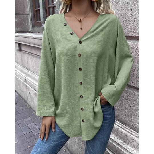 Damen lässiges Langarm-Oberteil mit Knoten und Knopfdetails EB