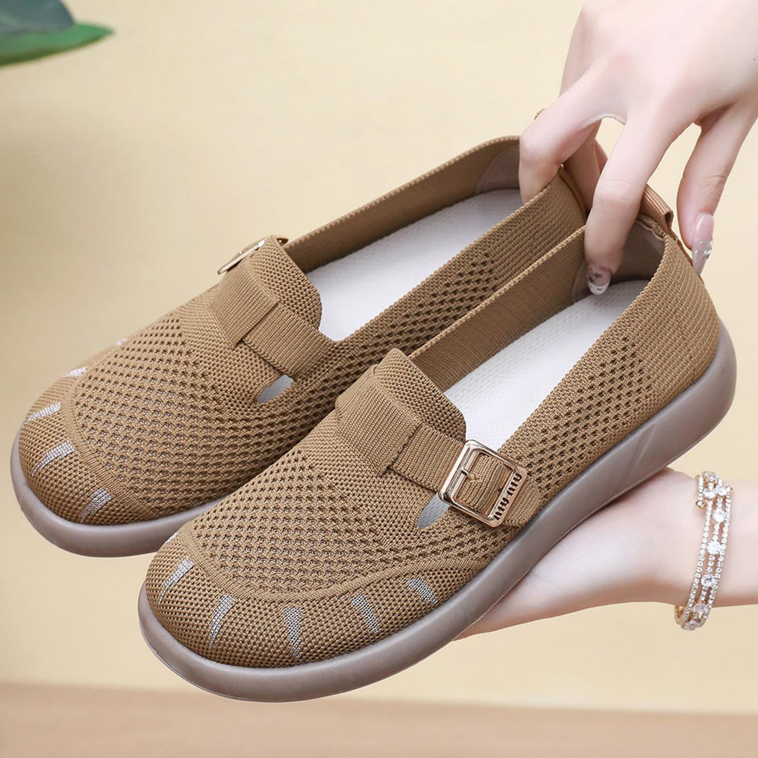 Damen Komfortable Slip-On Schuhe mit flexiblem Strickoberteil und modischem Schnallen-Detail EB