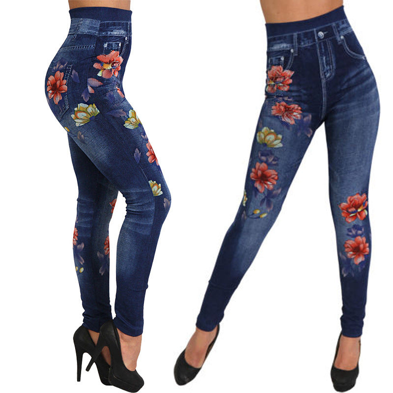 Damen Floral-Design Hochbund-Leggings aus Denim EB