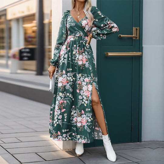 Damen Maxikleid mit floralem Design und seitlichem Schlitz EB