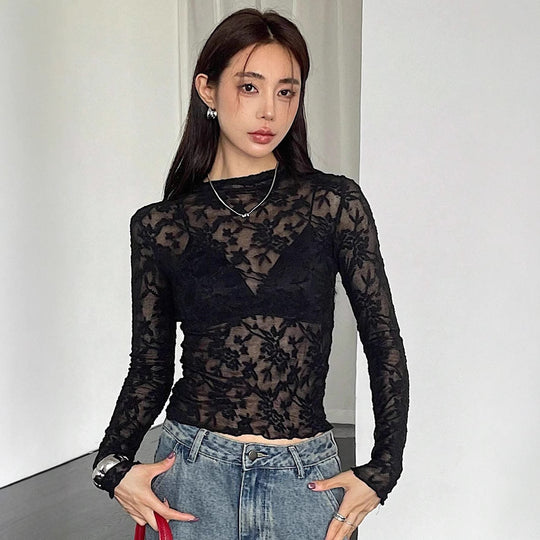 Damen Transparente Bluse mit floralem Design EB