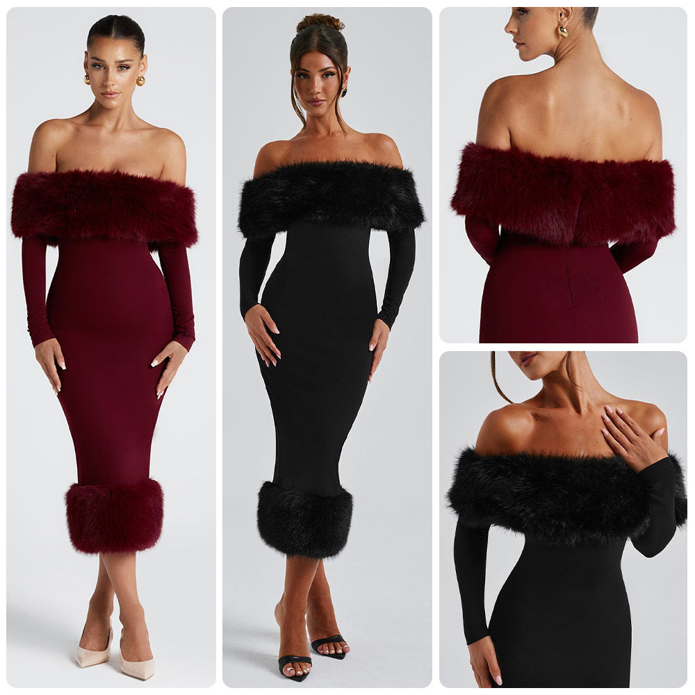 Damen Figurbetontes Kleid mit abnehmbaren Kunstfell-Akzenten EB