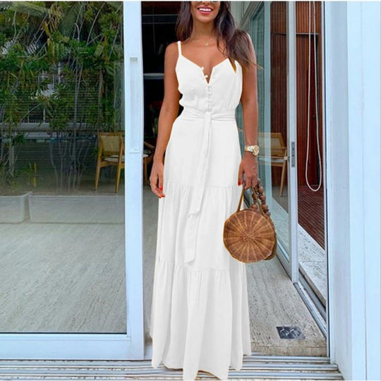 Damen Maxi-Kleid mit knöpfbarem Ausschnitt und Taillengürtel EB