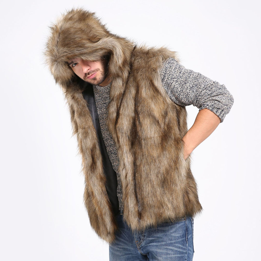 Herren Elegante Kunstpelzjacke mit Kapuze und seitlichen Taschen EB