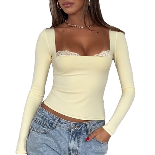 Damen Langarmshirt mit Spitzendekolleté und figurbetonter Passform EB