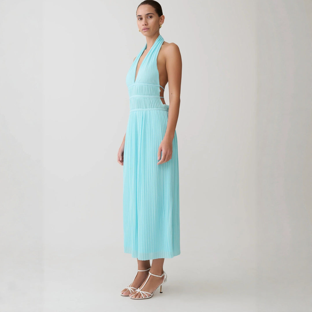 Damen Fließendes Maxikleid mit tiefem V-Ausschnitt und Plisseedetails EB