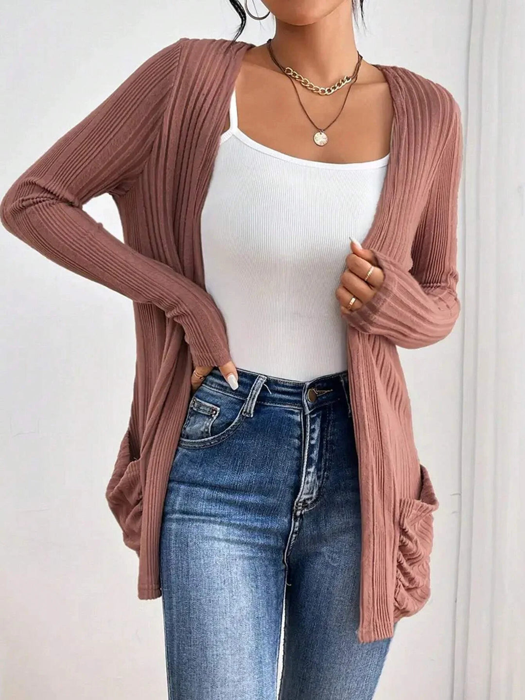 Damen Gerippter Langcardigan mit offener Front, Eingrifftaschen und legerer Passform EB