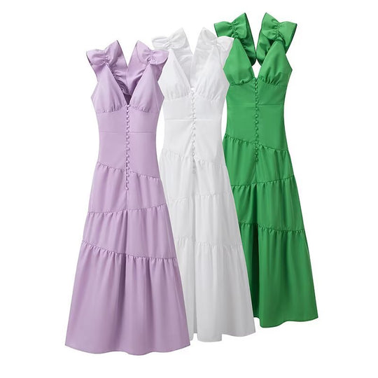 Damen Maxikleid mit schwingendem Rüschendesign und elegantem V-Ausschnitt EB
