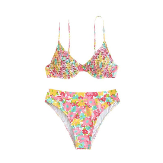 Damen Hochgeschnittener Bikini mit floralem Muster und schmalen Trägern EB