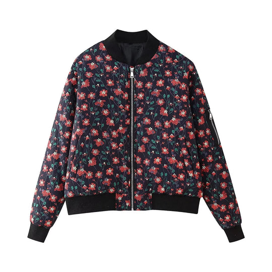 Damen stylische Bomberjacke mit floralen Mustern und elastischen Bündchen EB