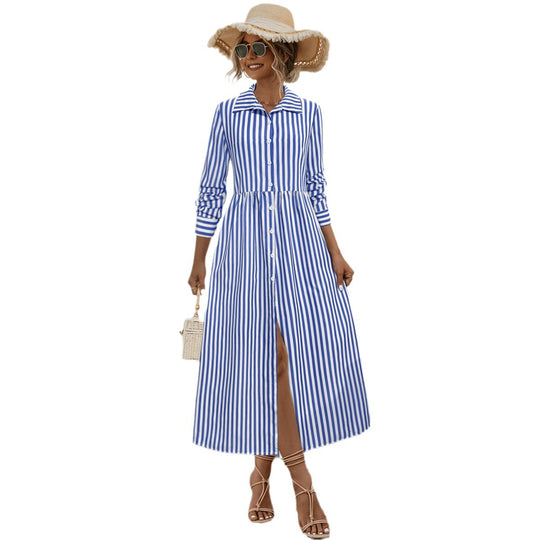 Damen Hemdblusenkleid mit vertikalem Streifenmuster und eleganter Knopfleiste EB