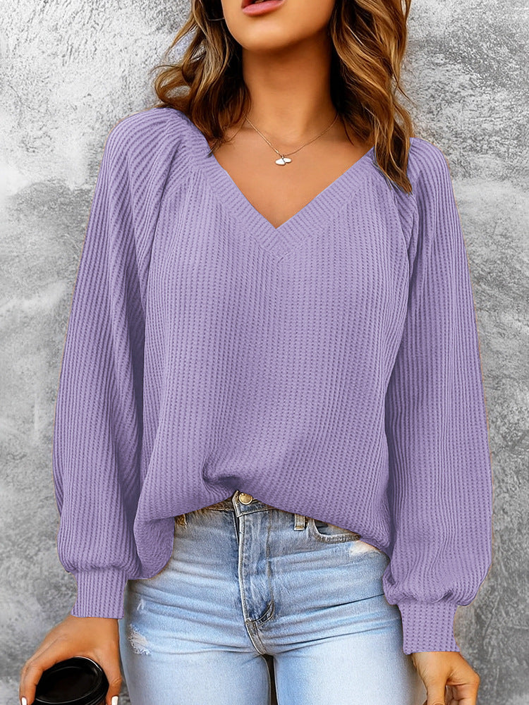 Damen Feinstruktur-Strickpullover mit V-Ausschnitt, Ballonärmeln und Rippbündchen EB