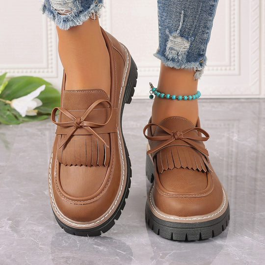 Damen modische Fransen-Loafer mit dekorativer Schleife und grober Profilsohle EB