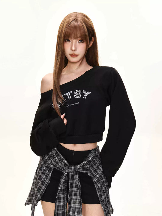 Damen nan einseitig offenes Cropped-French-Terry-Pullover mit voluminösen Ärmeln und Rippbund EB