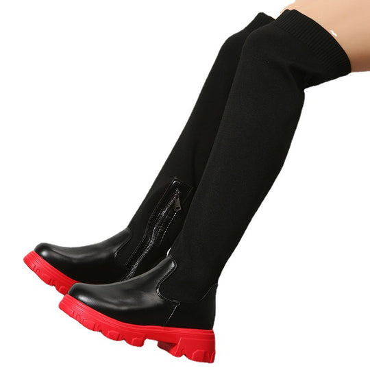 Damen Overkneestiefel mit sportlicher Sohle und modischen Strickakzenten EB