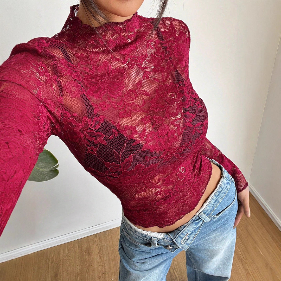 Damen nan figurbetontes transparentes Spitzen-Crop-Top mit hochgeschlossenem Kragen und integrierter Bustier-Form EB