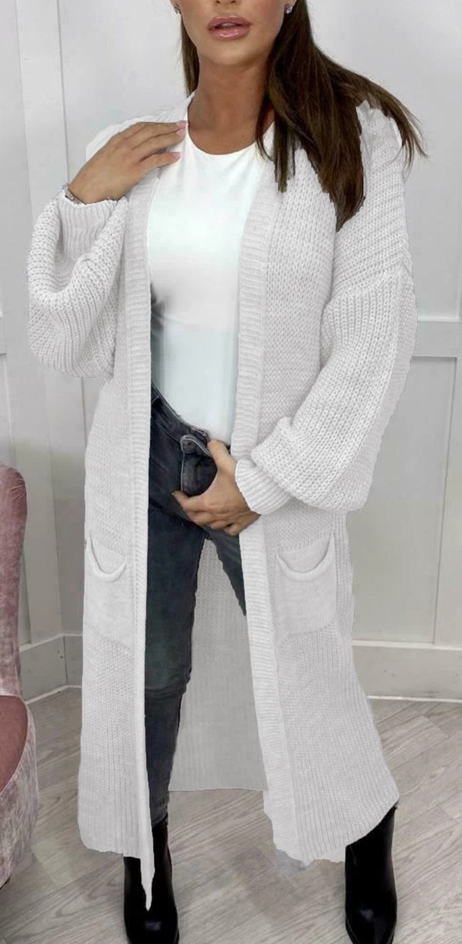 Damen Grobstrick-Cardigan im romantischen Design mit offenen Ärmeln EB