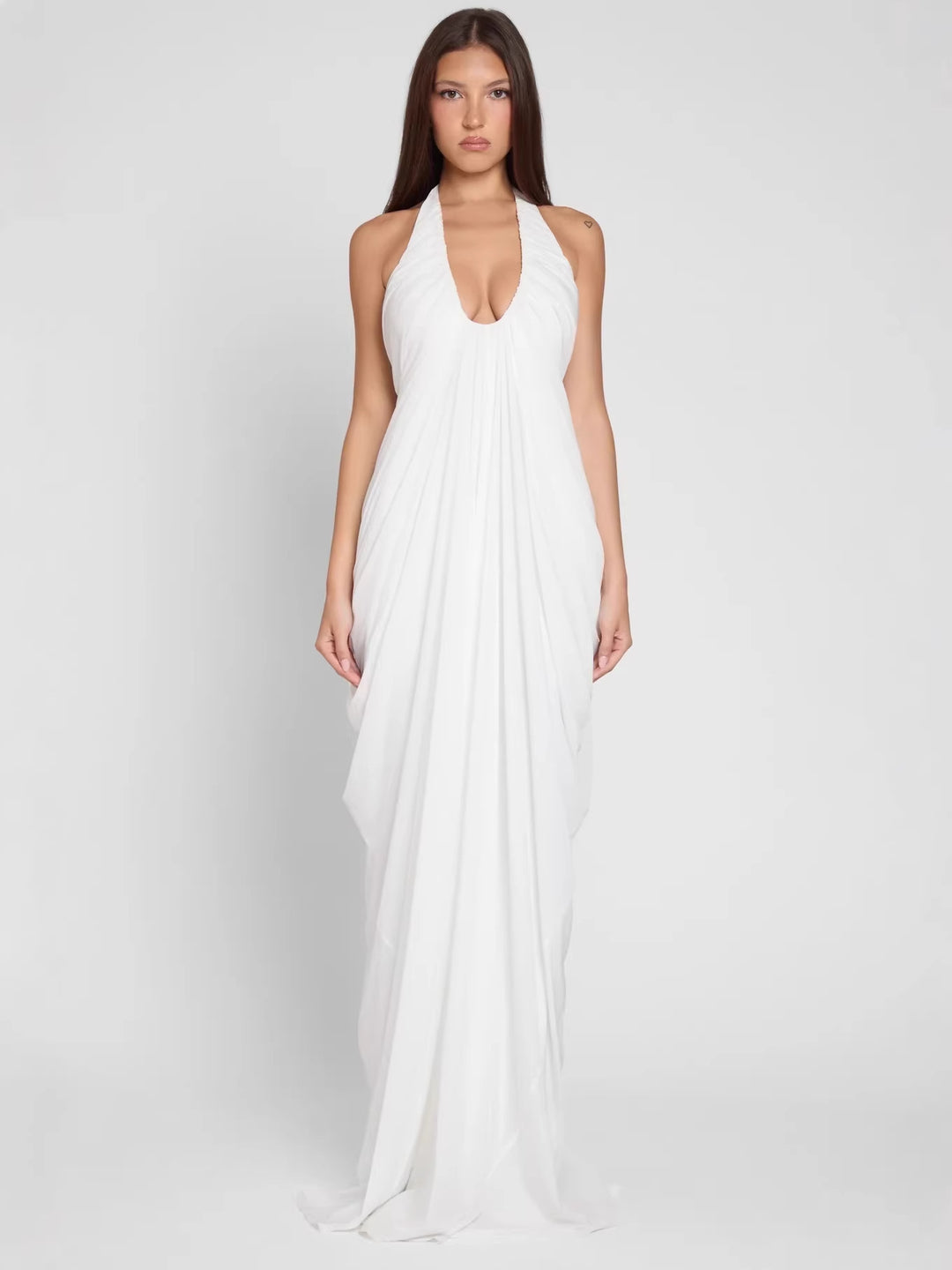 Damen Elegantes Maxikleid mit tiefem V-Ausschnitt und fließendem Drapé EB