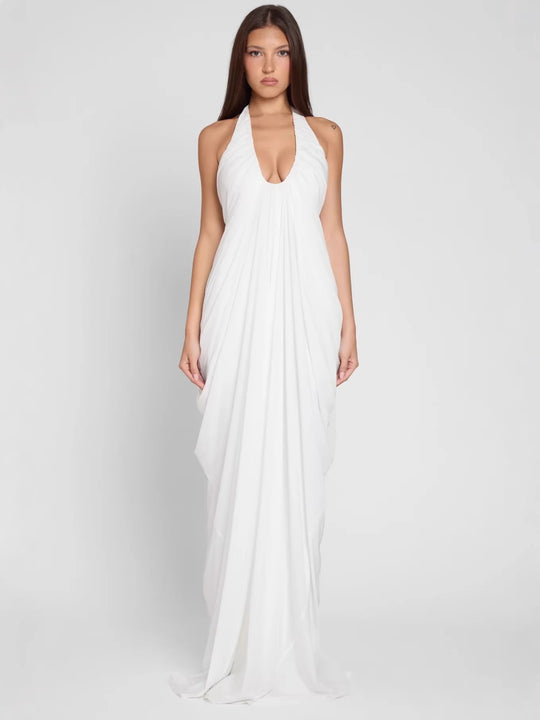 Damen Elegantes Maxikleid mit tiefem V-Ausschnitt und fließendem Drapé EB