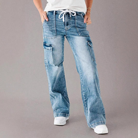 Damen Cargo-Jeans mit weitem Bein und verstellbarem Bund EB