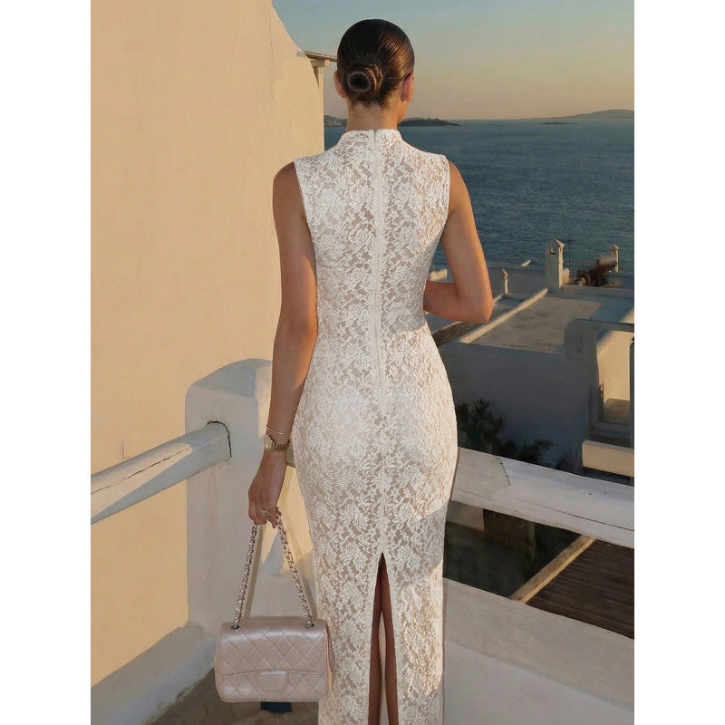 Damen Spitzenkleid mit hohem Kragen und figurbetonter Silhouette EB