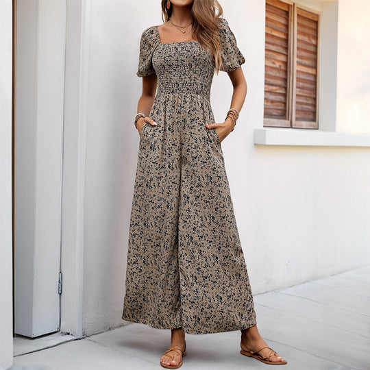 Damen Luftiger Sommeroverall mit Puffärmeln und elastischem Taillenband EB