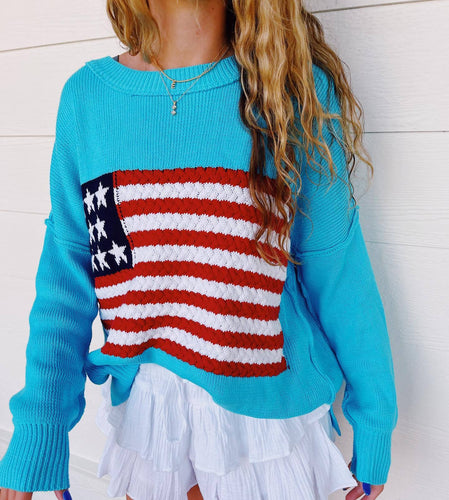 Damen Strickpullover mit auffälligem Flaggenmotiv und lässigem Schnitt EB
