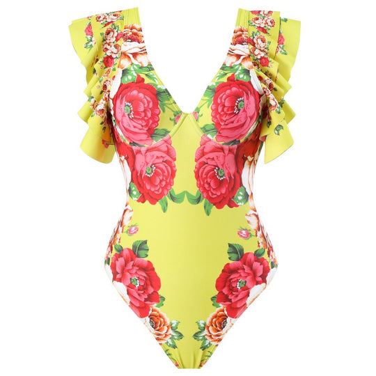 Damen Badeanzug mit Rüschendetails und floralem Überrock EB