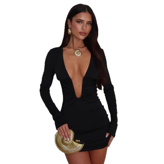 Damen Minikleid mit tiefem V-Ausschnitt und figurbetonter Raffung EB