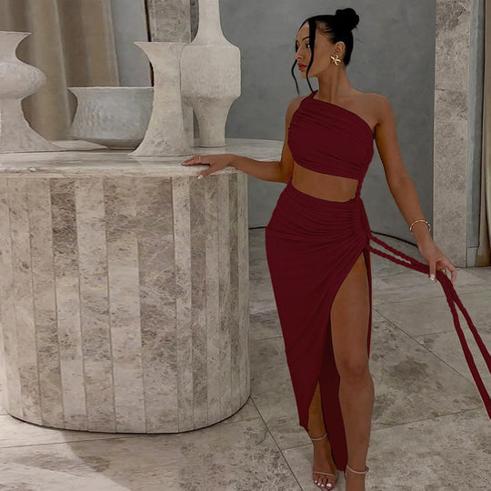 Damen Elegantes, einseitiges Maxikleid mit raffinierten Drapierungen EB