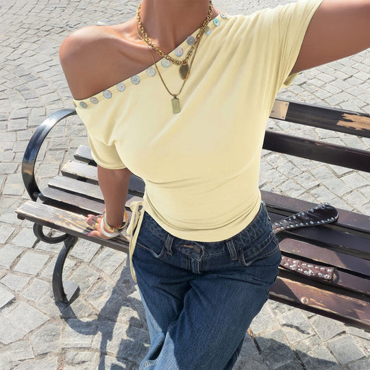 Damen Off-Shoulder Oberteil mit Rüschen und dekorativen Knöpfen EB