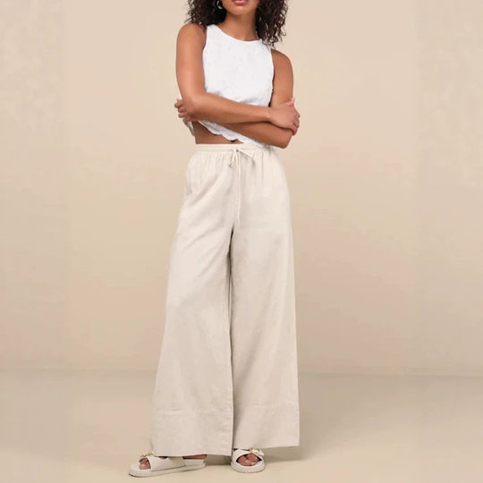 Damen Weite Leinenhose mit elastischem Bund und seitlichen Taschen EB