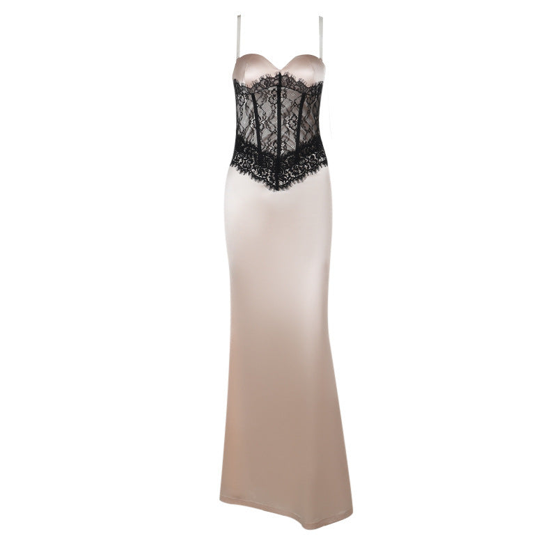 Damen Langarm-Boudoir-Kleid mit Spitzenoberteil EB