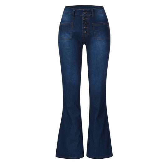 Damen nan High-Waist Schlaghose mit sichtbarer Knopfleiste und aufgesetzten Fronttaschen EB