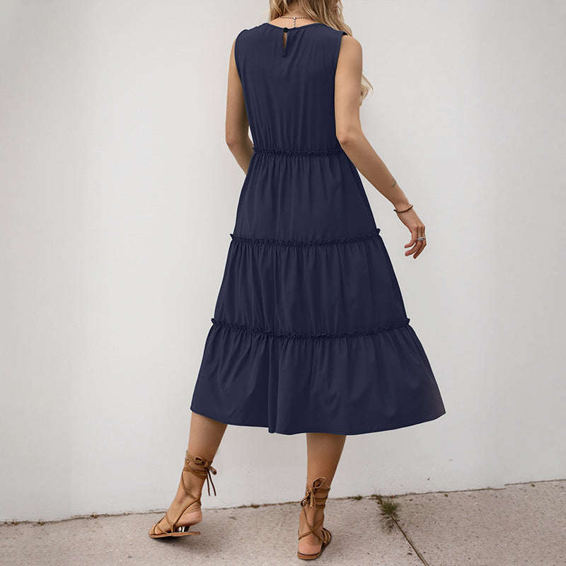 Damen Maxi-Kleid mit Rüschendetails und elastischem Taillenbund EB