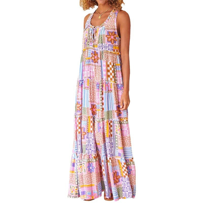 Damen Maxikleid mit buntem Patchwork-Muster und tiefem Ausschnitt EB