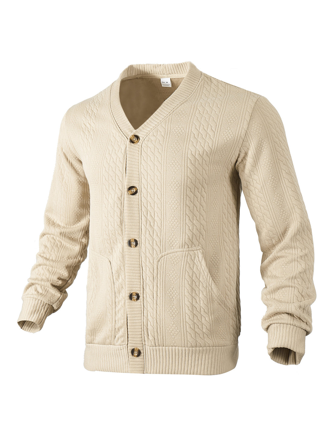 Herren nan eleganter Zopfstrickcardigan mit V-Ausschnitt Knopfleiste und aufgesetzten Taschen EB